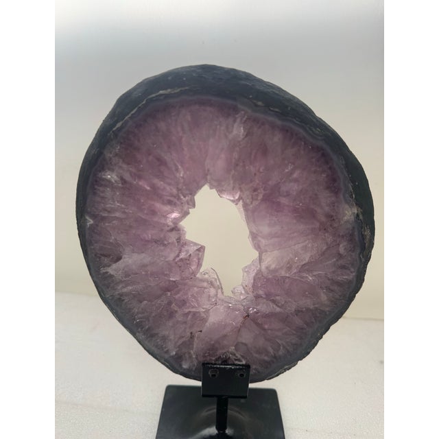 15th Century & Earlier Slice of Natural Amethyst Geode From Brazil on a Custom Black Metal Stand For Sale In Los Angeles - Image 6 of 12