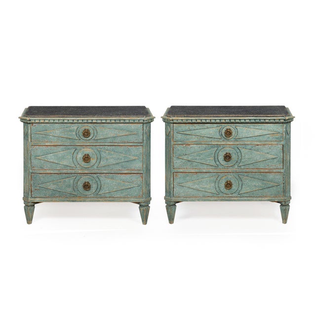 PAIR OF BLUE-PAINTED SWEDISH GUSTAVIAN-STYLE BEDSIDE COMMODES With paint-simulating-stone tops | Northern European, circa...