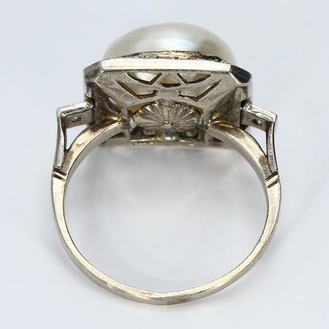 Mid-Century Modern Mid 20th Century Platinum Cocktail Ring With White Pearl and Diamonds, Size 5 For Sale - Image 3 of 4
