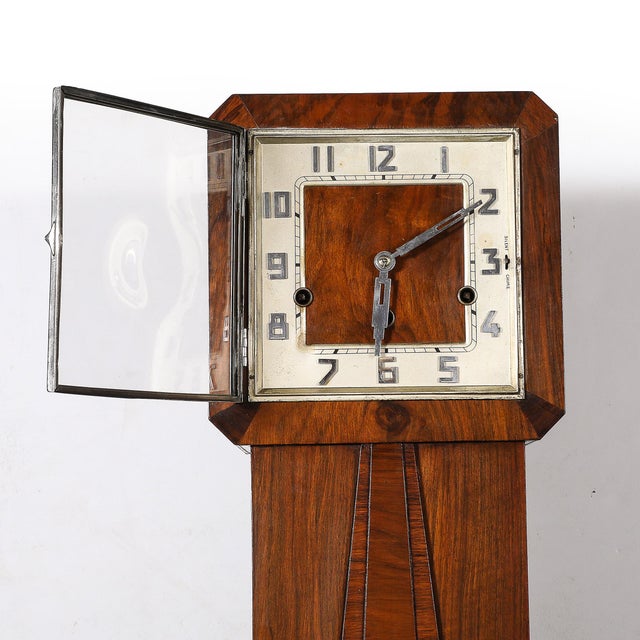 Wood Art Deco Walnut Floor Clock W/ Deco Numeral Dial and Black Lacquered Base For Sale - Image 7 of 14