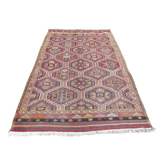 1960s Vintage Embroidered Kilim Rug -60"x97" For Sale