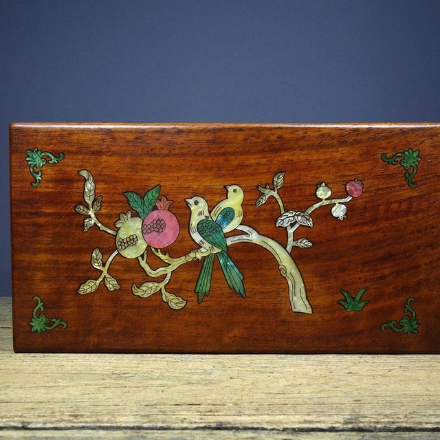 Vintage Chinese Rosewood Jewelry Box With Mother-of-Pearl Floral Inlay For Sale - Image 4 of 9