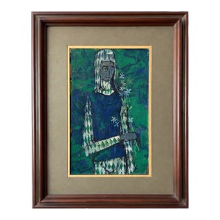 Mid Century Mixed Media Double Matte Harlequin Painting Signed Framed For Sale