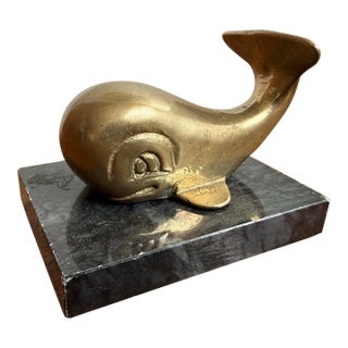 Vintage Small Nautical Whale Paperweight on Black Marble Base For Sale
