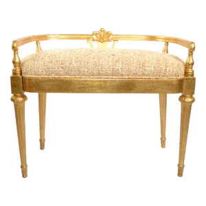 1950s French Louis XIV Style Hand Carved Giltwood Bench Wool Fabric Upholstery