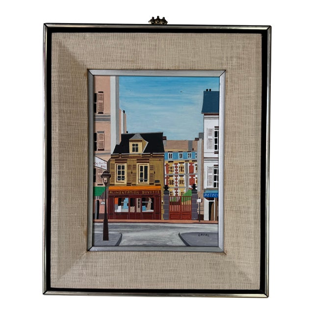 Vintage Lilian Latal Folk Art Cityscape Oil on Masonite Painting For Sale