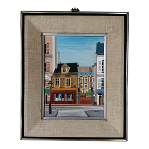 Vintage Lilian Latal Folk Art Cityscape Oil on Masonite Painting
