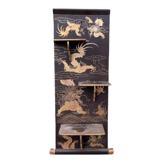 19th Century Chinese Hand Painted Black & Gold Lacquered Fold Up Wall Shelf For Sale