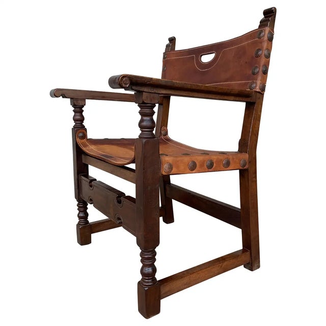 19th Century Spanish Colonial Throne Armchair with Leather For Sale - Image 11 of 11