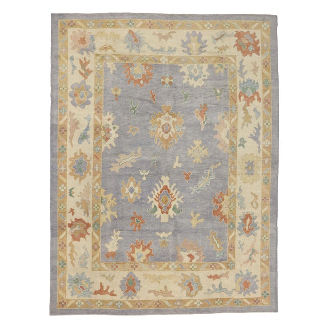Contemporary Turkish Oushak Rug in Pastel Colors with Tribal Boho Chic Style. Highly stylish yet tastefully casual, this...