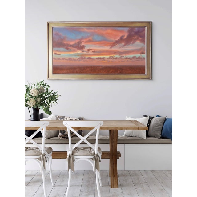 Early 21st Century A Love From Above by Kirsten Savage | Oil on panel Sunset over a grassy landscape with clouds. For Sale - Image 5 of 5