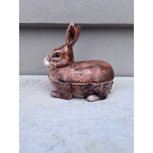 French Majolica rabbit tureen signed Caugant, circa 1940.