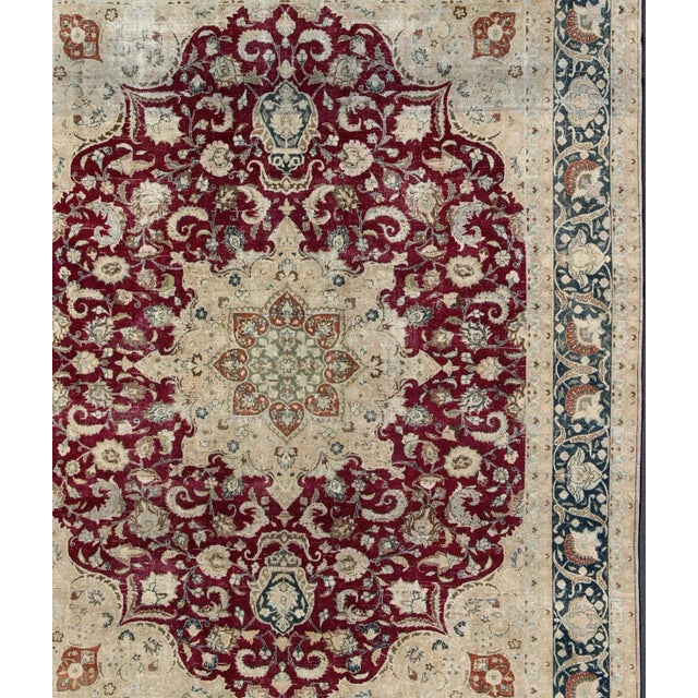 Layered Floral Medallion Antique Persian Mashad Rug in Red, Blue and Cream For Sale - Image 4 of 13