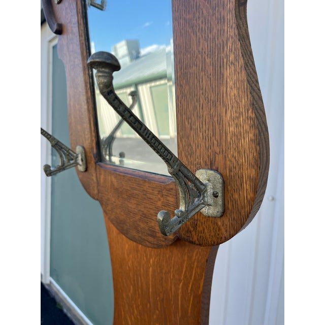 Antique Tall Tiger Oak Hall Seat With Mirror For Sale - Image 11 of 12