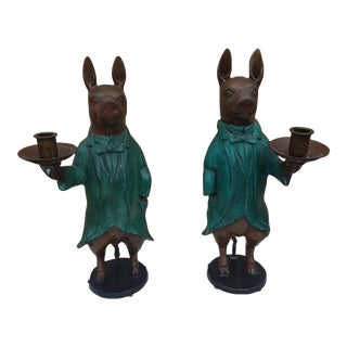 Vintage Pair of Bronze Pig Candleholders For Sale