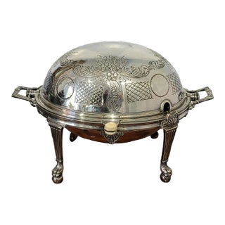 1890s Drew & Sons English Silver Plated Revolving Breakfast Dome With Decorative Carvings For Sale