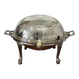 1890s Drew & Sons English Silver Plated Revolving Breakfast Dome With Decorative Carvings