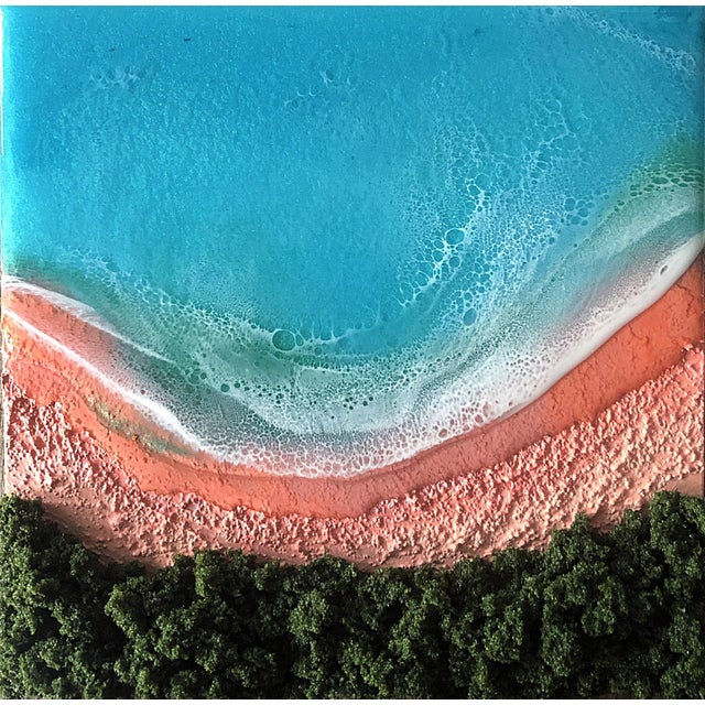 Here on the beach #6 by Ana Hefco | Mixed Media on Wood Beach scene with blue water and sandy shore. For Sale