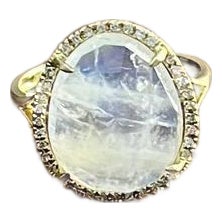 White Moonstone Diamonds Halo Set 14 Yellow Gold Statement Unique Cocktail Ring, Size 6 For Sale