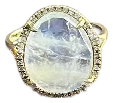 White Moonstone Diamonds Halo Set 14 Yellow Gold Statement Unique Cocktail Ring, Size 6