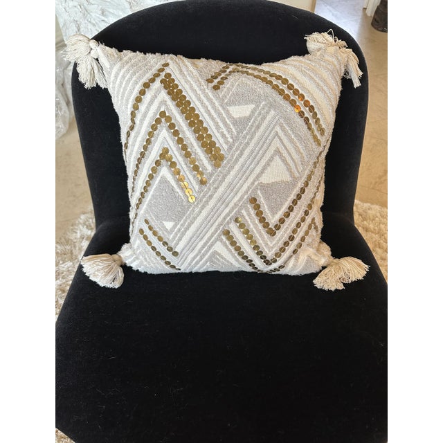 Textured Cotton and Brass Art Deco Pillow With Tassels For Sale - Image 12 of 12