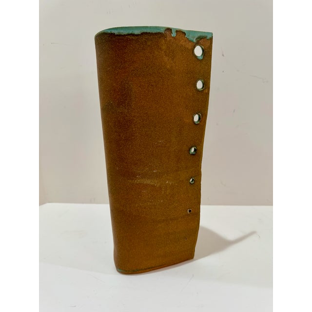Vintage Studio Pottery Pierced Cylinder Vase Brown Turquoise Ceramic 13.5 For Sale - Image 4 of 8