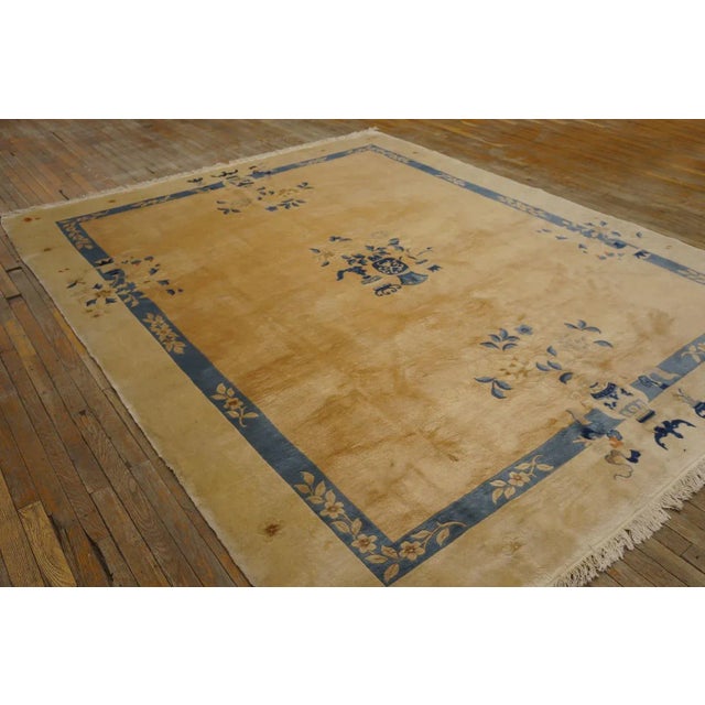 Contemporary 1980s Beige Floral Open Field Large Scale Vintage Chinese Peking Knotted Rug For Sale - Image 3 of 12