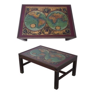 Vintage World Nautical Map Campaign Mahogany Eglomise Coffee Table For Sale