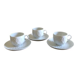 J.L. Cocquet Limoge Porcelain Tea Cups With Saucers - Service for 3 For Sale