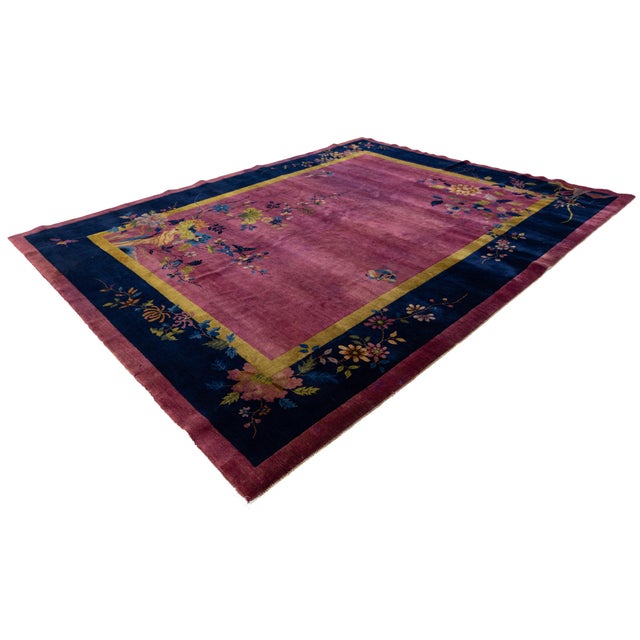 1920s Antique Chinese Art Deco Rug With Floral Branches in Magenta and Navy Blue For Sale - Image 4 of 13