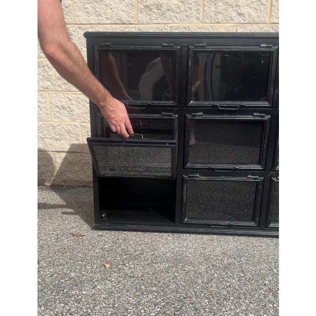 Late 20th Century Industrial Black Steel Nine-Door Glass-Front Apothecary or File Cabinet For Sale - Image 4 of 11