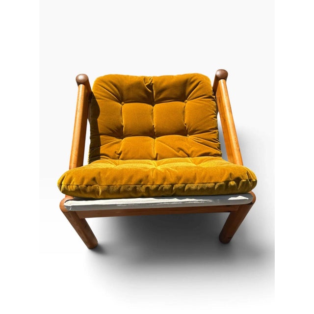 Wood Danish Modern Solid Pine Lounge Armchair | New Canvas Sling & Mustard Velvet Cushion | C. 1970s For Sale - Image 7 of 11