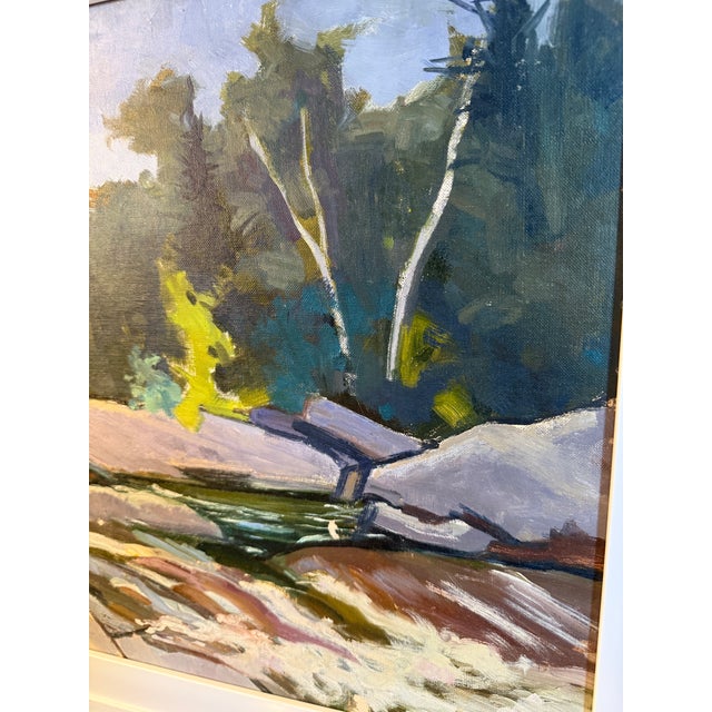 Mid century vintage painting of a cool quiet river spillway. This painting was sourced from Vermont and it reminds me of...