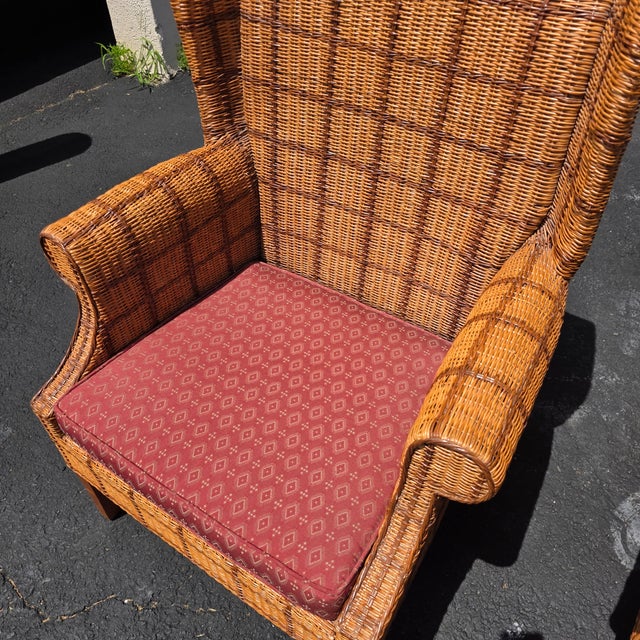Late 20th Century Pair of Palecek Woven Rattan Wingback Lounge Chairs With Rolled Arms For Sale - Image 15 of 15