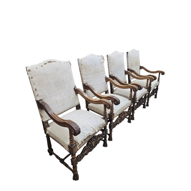 Antique French Henri II Renaissance Revival Carved Walnut Throne Armchairs – 4 For Sale - Image 4 of 11