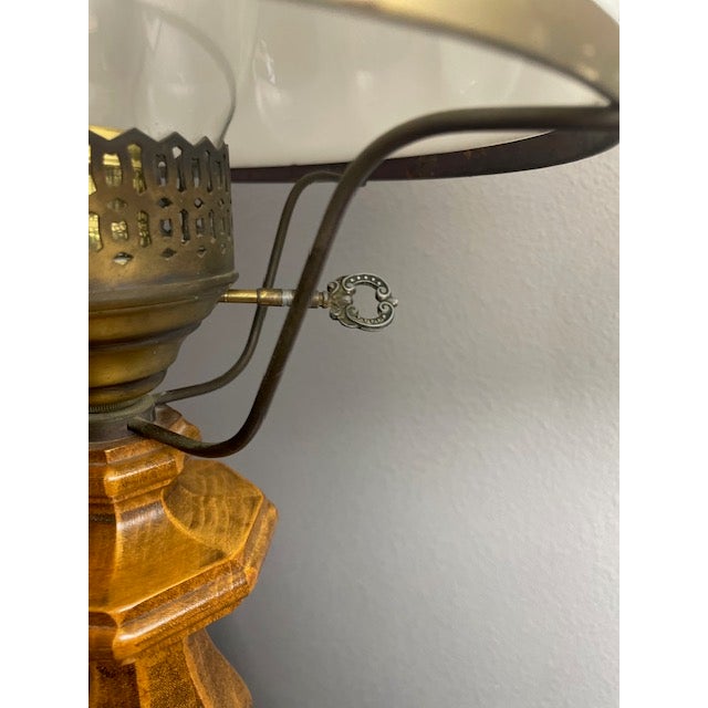 Wood Vintage Pair of Colonial Style Walnut & Brass Table Lamps With Milk Glass Shades For Sale - Image 7 of 8