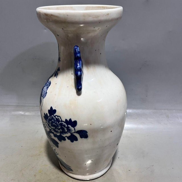 Blue Blue and White Floral Bird Vases With Handles | Chinoiserie Decor For Sale - Image 8 of 9