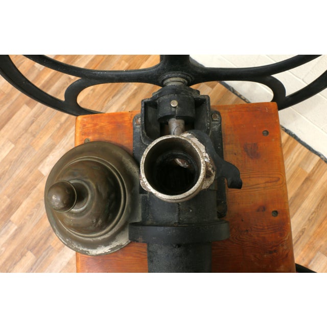 Antique Tall Standing Coffee Grinder | Cast Iron Wheel & Solid Pine Cabinet | Industrial Country Store Mill For Sale In Los Angeles - Image 6 of 18