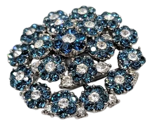 Vintage Signed Crown Trifari Rhodium Plated Faux-Sapphire & Clear Rhinestone Flowers Brooch