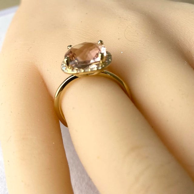 Metal Cushion-Shaped Morganite Diamond 4.50 Carat 14 Karat Yellow Gold Halo Setting Ring Finger Size 6.75 For Sale - Image 7 of 11