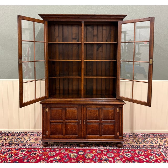 Antique English Large Bookcase Bookshelf Cabinet Double Door Glass Oak C. 1910s For Sale - Image 16 of 18