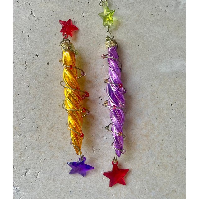 Metal Vintage Swirl Glass Icicle Ornaments – Yellow & Purple, Rhinestone Stars, Set of 2 - 6" For Sale - Image 7 of 7