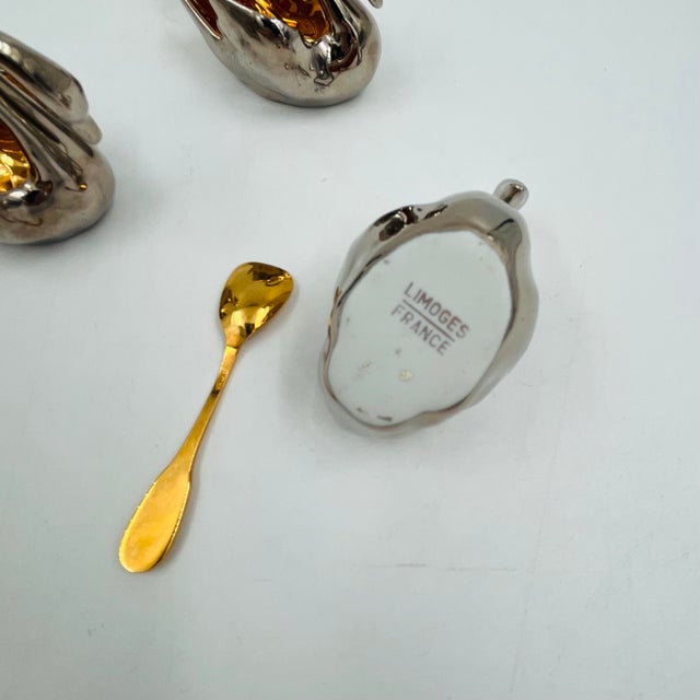 Silver Vintage Limoges Silver/Platinum and Gold Plated Porcelain Swan Salt Cellar With Gold Plated Spoon For Sale - Image 8 of 12