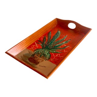 1980s Folk Art Hand Painted Wooden Tray With Inset Handles, Signed by Artist For Sale