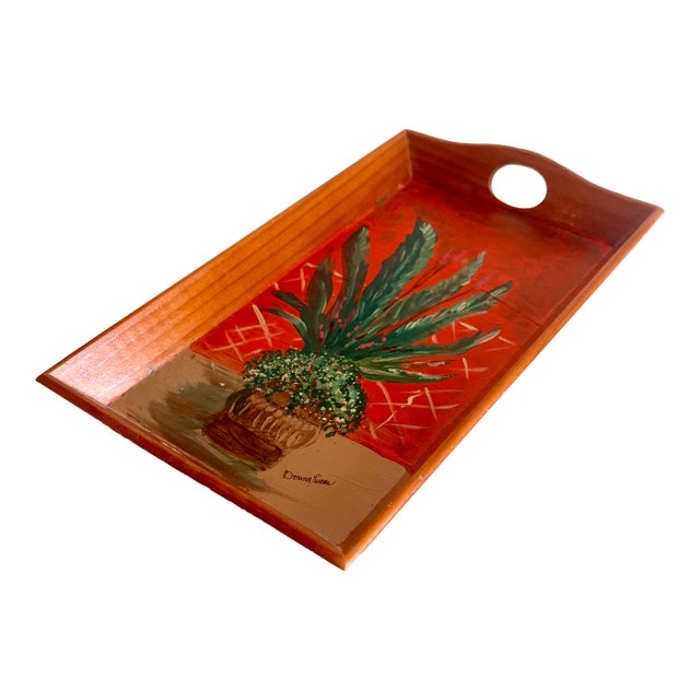 1980s Folk Art Hand Painted Wooden Tray With Inset Handles, Signed by Artist For Sale