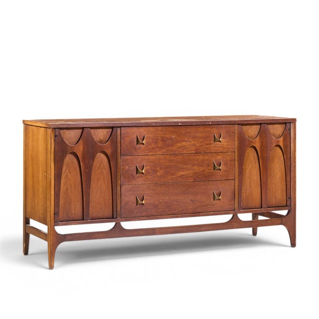 Broyhill Brasilia Mid Century Walnut and Brass Credenza and Hutch The credenza measures: 56 wide x 17 deep x 28 inches...