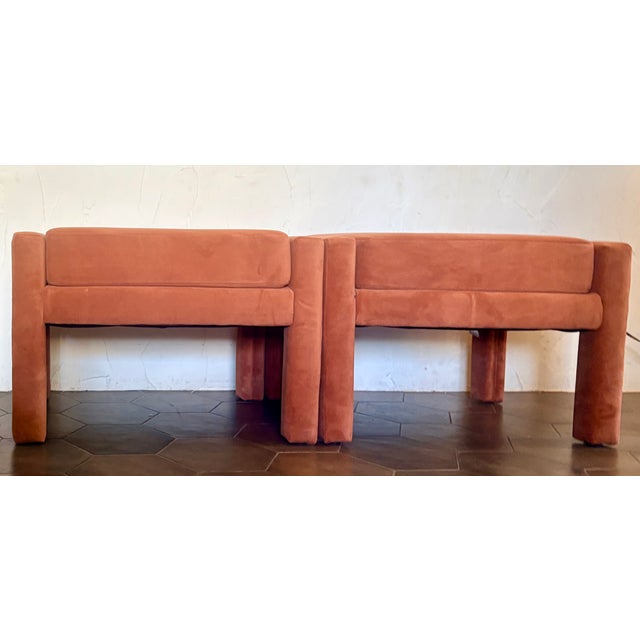 This pair of West Elm "Scarlett" Ottomans are fully upholstered in Burnt Umber performance velvet. The timeless parsons...