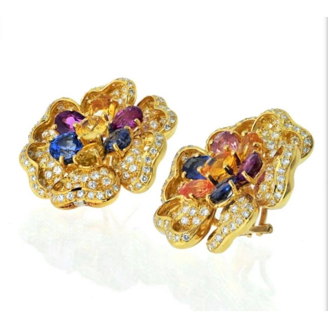 2020s 18k Yellow Gold Diamond & Multicolor Sapphire Flower Earrings by Designer Adler For Sale - Image 5 of 8