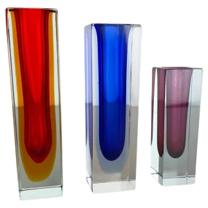 Multicolor Faceted Murano Glass Sommerso Cube Vases, Italy, 1970s, Set of 3