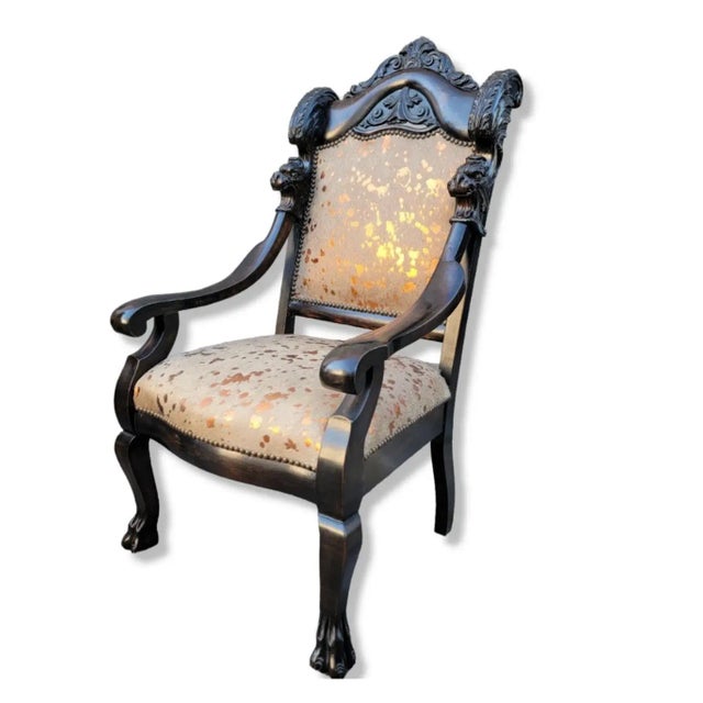 Antique French Baroque Carved Mahogany Fireside Throne Chair Newly Reupholstered in Cowhide For Sale In Chicago - Image 6 of 6